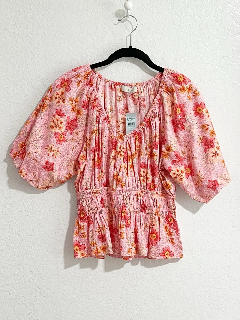 NWT!  LOFT Pink Floral Smocked Peplum Top Puff Sleeves Medium Cottage Boho